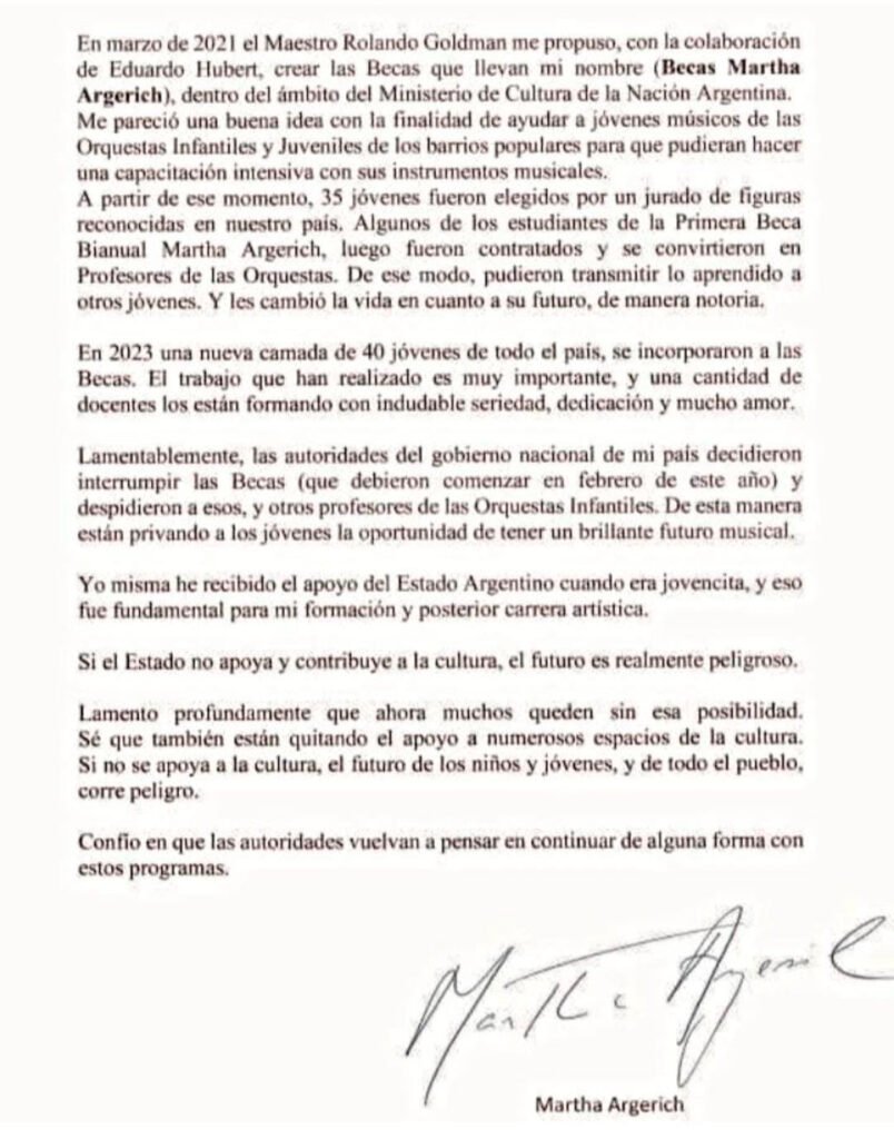 Una carta de Martha Argerich desnudó la paralización del programa de Orquestas Infantiles y Juveniles – FM Digital Empalme